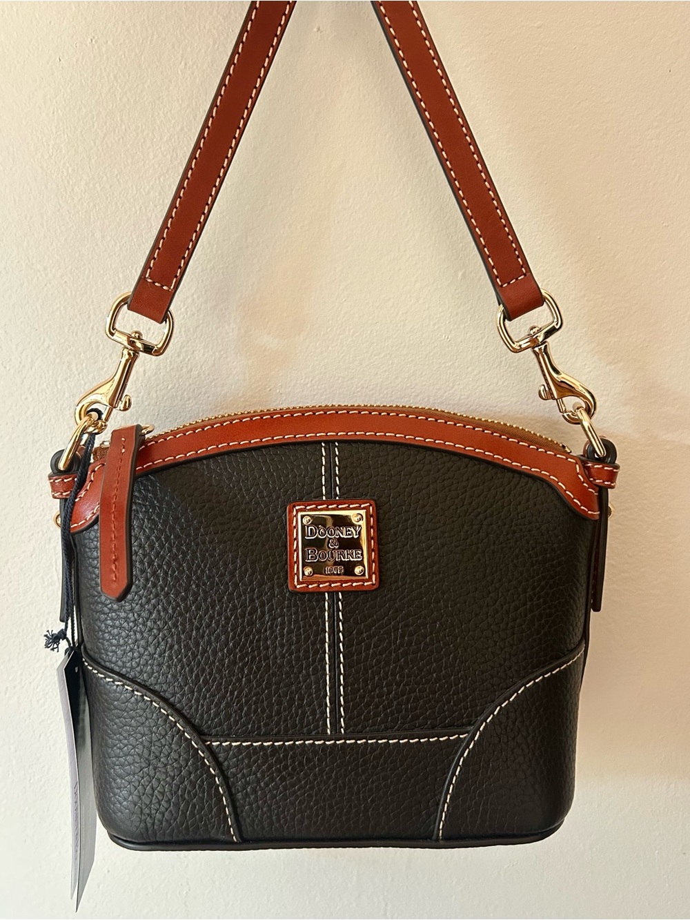 Dooney & Bourke Black Pebble Leather Mini Domed Crossbody Bag with Brown Trim